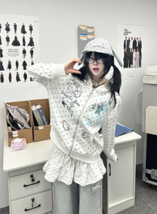 咖喱人春季波点可爱印花短款连帽卫衣外套上衣亚萌系y2k休闲