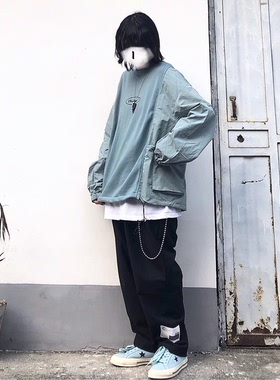 Take off咖喱人/拼接蓝色卫衣带口袋街头自制男女卫衣潮