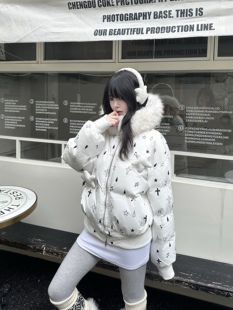 咖喱人美式星星立体满印可拆卸大毛领棉衣外套女保暖宽松棉袄