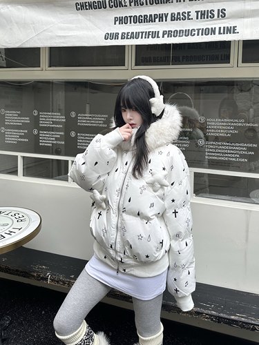 咖喱人美式星星立体满印可拆卸大毛领棉衣外套女保暖宽松棉袄