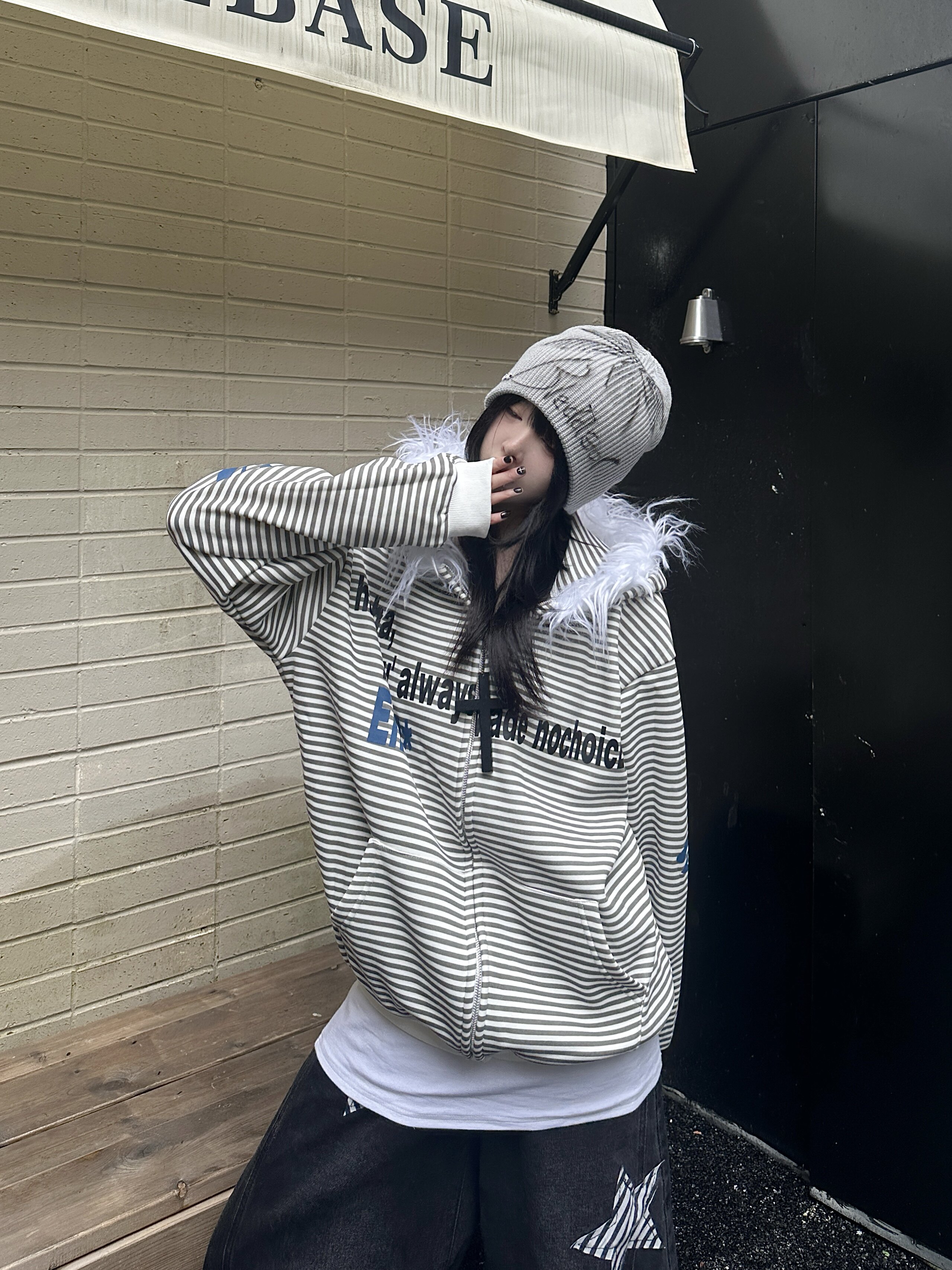 咖喱人冬季美式街头潮流条纹连帽毛领卫衣设计感宽松加绒外套