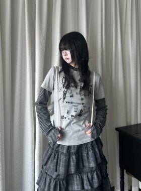 咖喱认y2k轻亚小猫条纹拼接假两件长袖T恤女春季宽松短款上衣