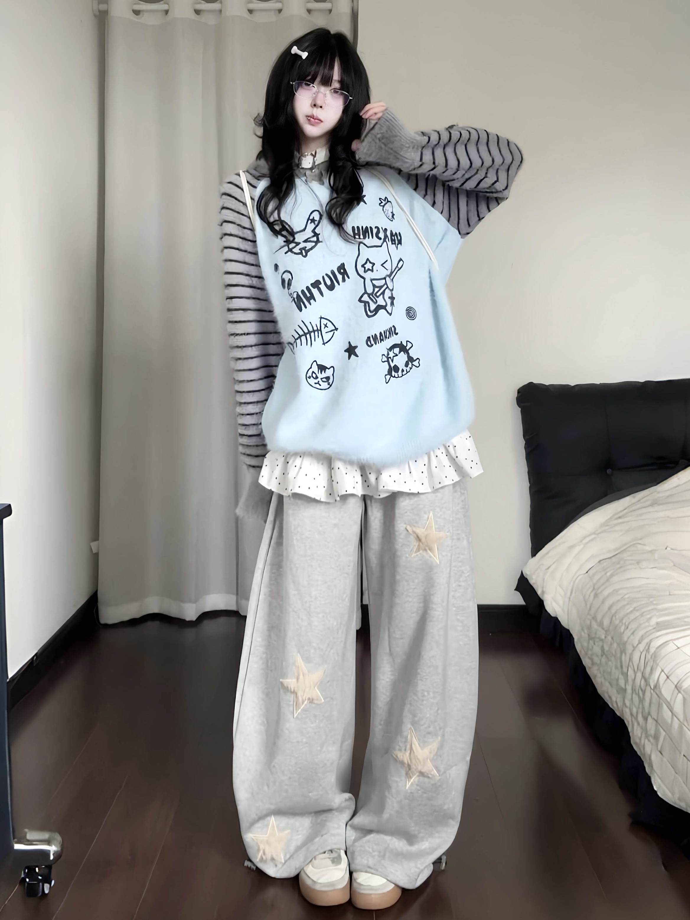 咖喱人秋季复古星星猫耳针织连帽毛衣女宽松慵懒风可爱外套上衣潮