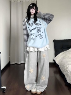 咖喱人秋季复古星星猫耳针织连帽毛衣女宽松慵懒风可爱外套上衣潮