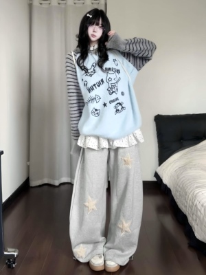 咖喱人秋季复古星星猫耳针织连帽毛衣女宽松慵懒风可爱外套上衣潮
