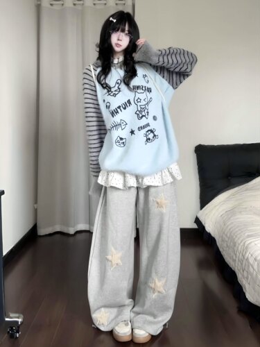 咖喱人秋季复古星星猫耳针织连帽毛衣女宽松慵懒风可爱外套上衣潮
