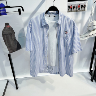 【双开门襟】g家男装 连帽开襟拉链竖条纹衬衫夏季男薄款百搭衬衣