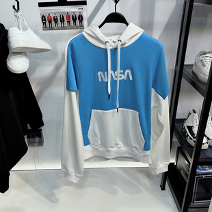 G家男装2024春秋 个性字母刺绣宽松落肩袖假两件撞色连帽卫衣外套