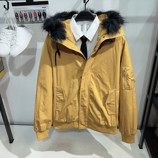商场同款!G家男装短款工装棉衣貉子毛领羽绒棉棉服连帽棉夹克外套