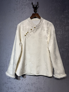 女冬季 新中式 真丝提花小衫 水貂毛 复古立领斜襟珠扣国风上衣 国风