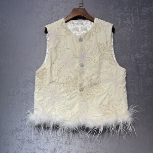 气质百搭马夹背心真毛 新款 新中式 国风刺绣亮片马甲鸵鸟毛2025冬季
