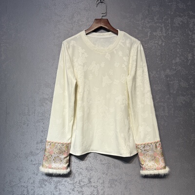 新中式国风提花加绒加厚打底衫女2025新款冬季高级感气质貂毛上衣