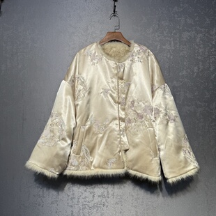 新中式 重工真丝蝴蝶刺绣提花拼接兔毛皮草双面双穿外套女2025冬季