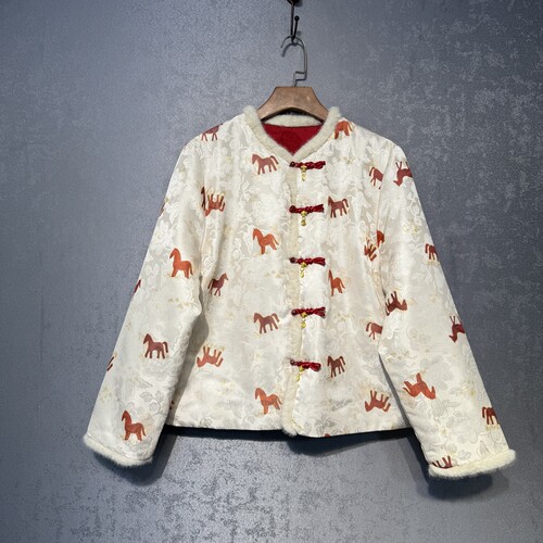 【马上有钱】马年战袍新中式国风印花盘扣加棉外套女双面双穿棉服