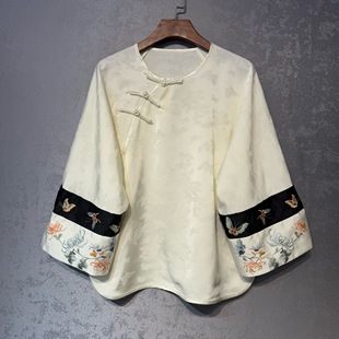 新中式国风刺绣花萝提花上衣女2026春季新款复古盘扣斜襟气质衬衫