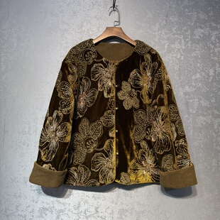新中式 老钱风重工刺绣亮片丝绒加棉外套上衣宽松棉服 国风撞色翻袖
