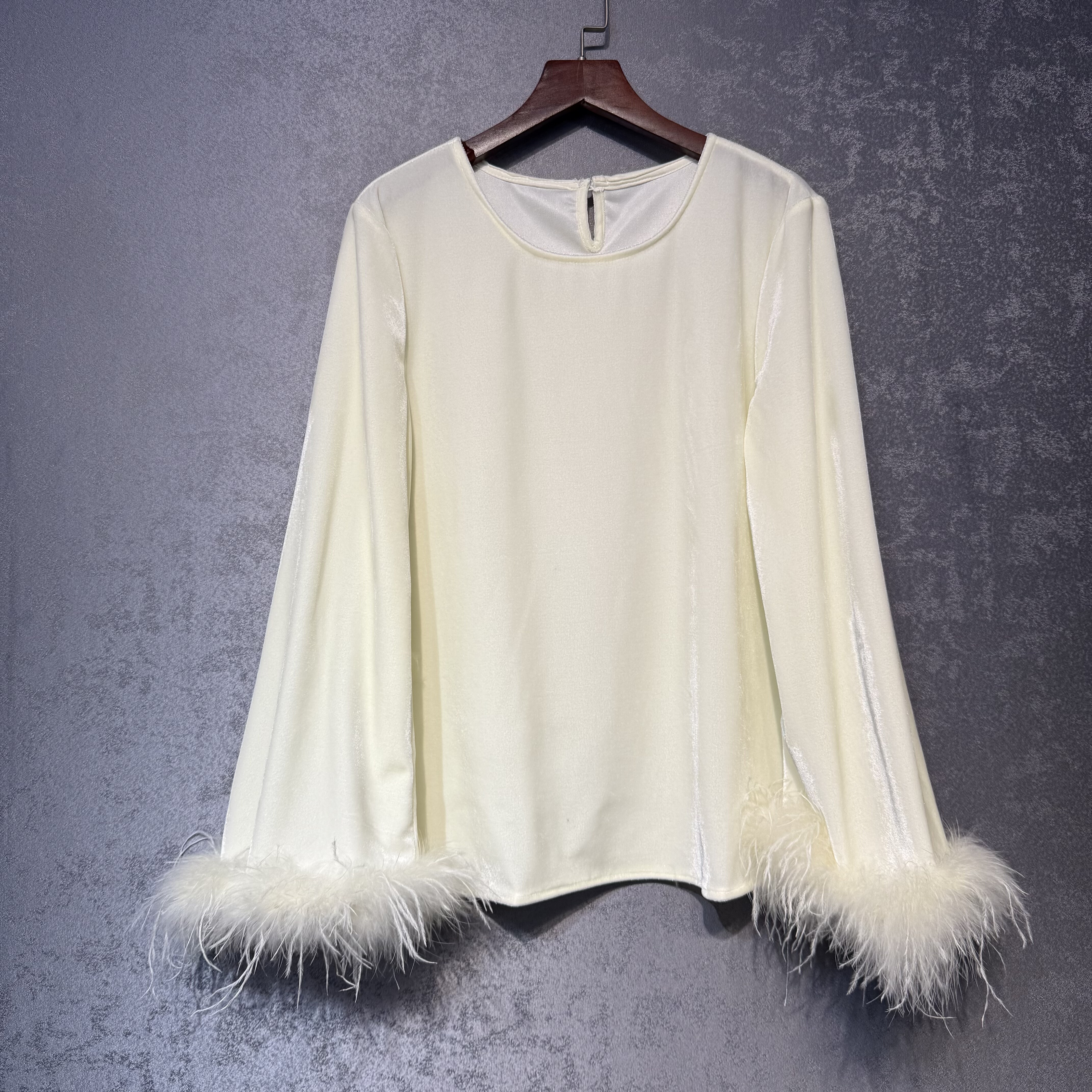 白月光新中式国风丝绒时尚袖口鸵鸟拼接气质宽松长袖上衣打底女