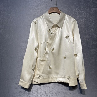 新中式人丝缎面金蝶刺绣衬衣春季新款重工高定气质显瘦气质上衣女