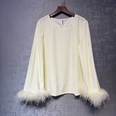 口鸵鸟拼接气质宽松长袖 袖 上衣打底女 国风丝绒时尚 白月光新中式