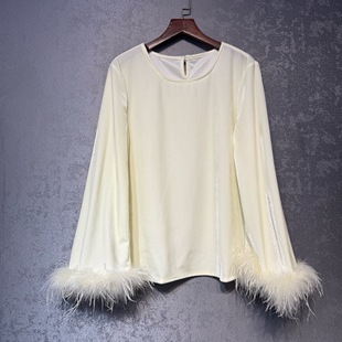 白月光新中式国风丝绒时尚袖口鸵鸟拼接气质宽松长袖上衣打底女