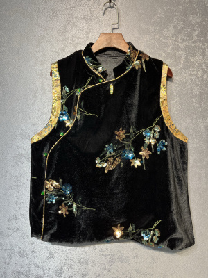 新中式国风丝绒马甲女2025秋冬新款重工刺绣亮片盘扣立领背心上衣