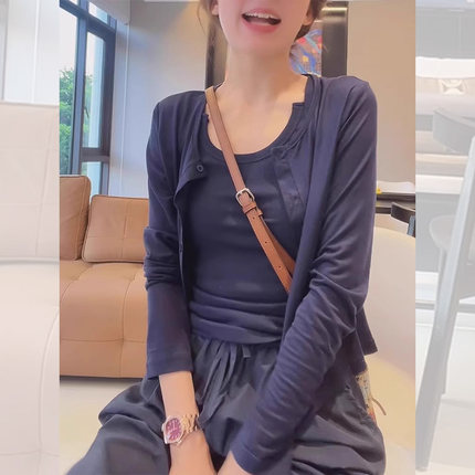 莫代尔纯棉秋季无袖吊带开衫两件套女显瘦长袖小个子修身上衣套装