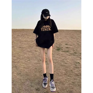 宽松显瘦潮牌纯棉体恤上衣ins 黑色正肩短袖 t恤女2025新款 夏季 爆款