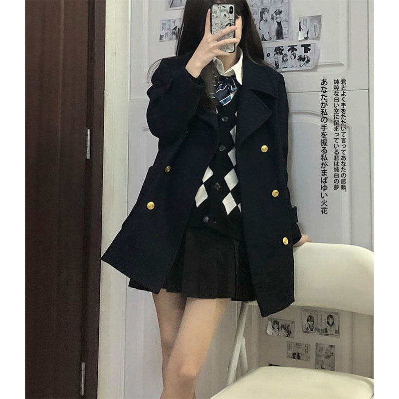 日系学院风毛呢外套女jk制服双排扣2025秋冬新款百搭通勤呢子大衣