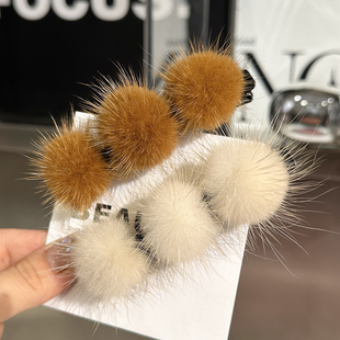 真水貂毛毛球鸭嘴夹侧边编发发夹女网红刘海碎发夹子头饰发卡神器