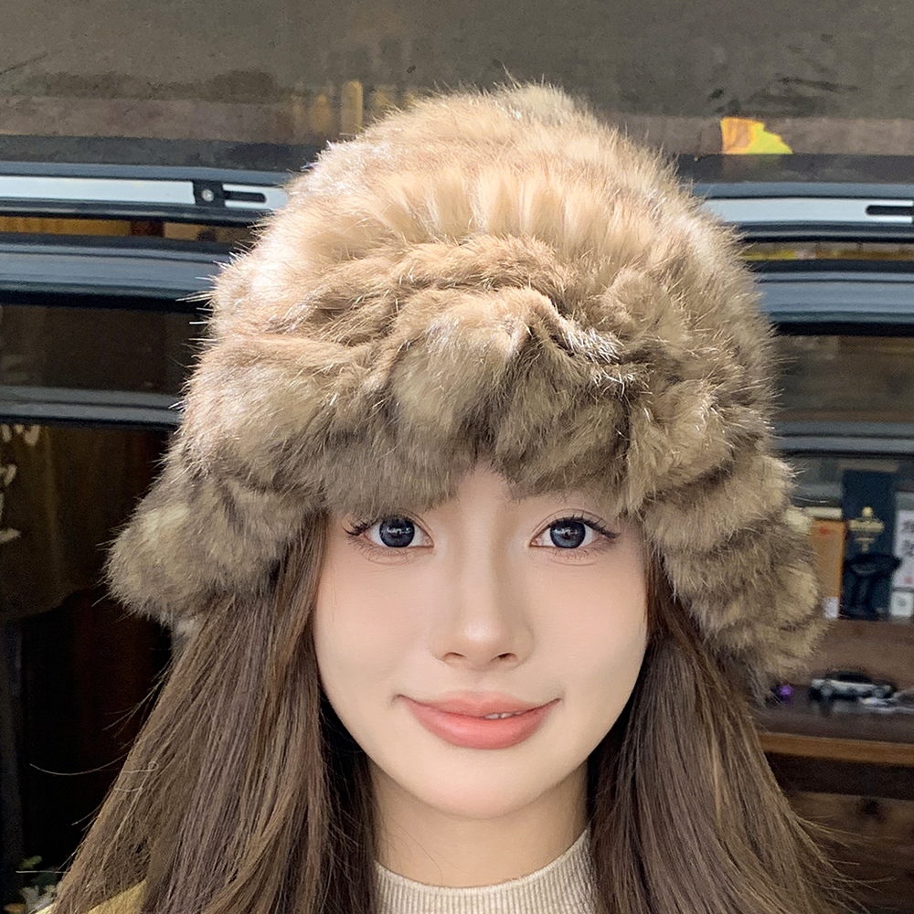 紫貂色雪兔毛渔夫帽护耳帽显脸小