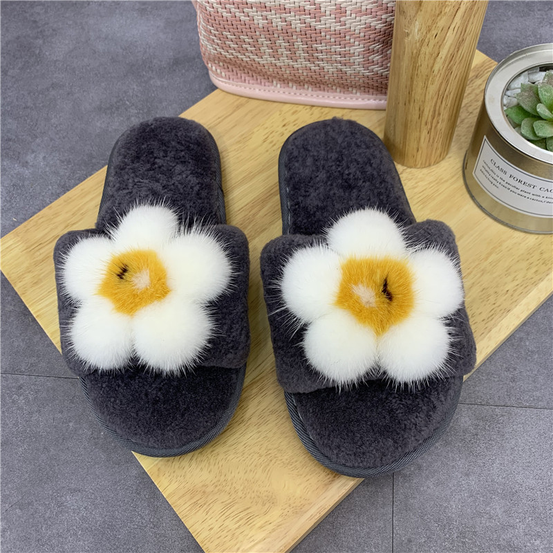 秋冬款水貂毛煎蛋花拖鞋羊毛一体拖鞋平底毛毛鞋ins网红拖鞋外穿