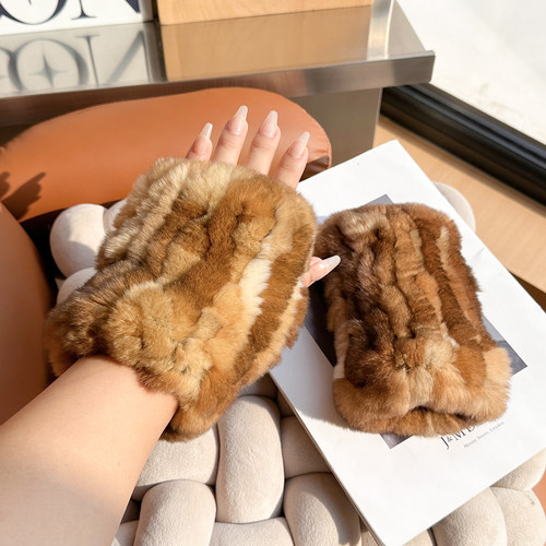 韩国獭兔毛半指手套冬季保暖手腕