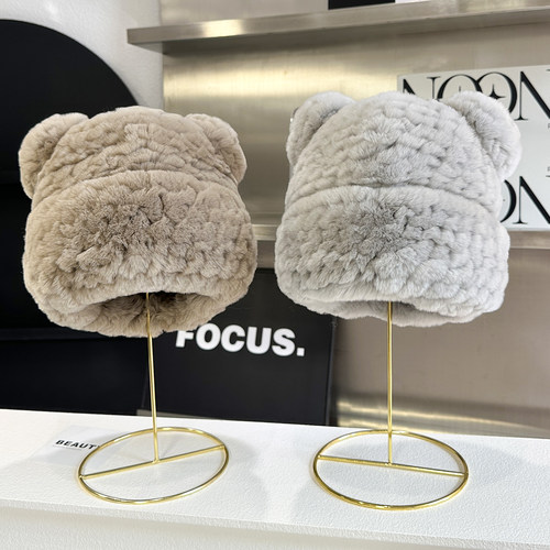 可爱獭兔毛小熊帽子女秋冬包头帽