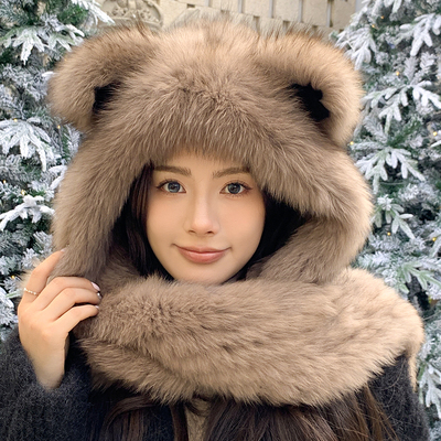 可爱狐狸毛小熊帽子围巾一体
