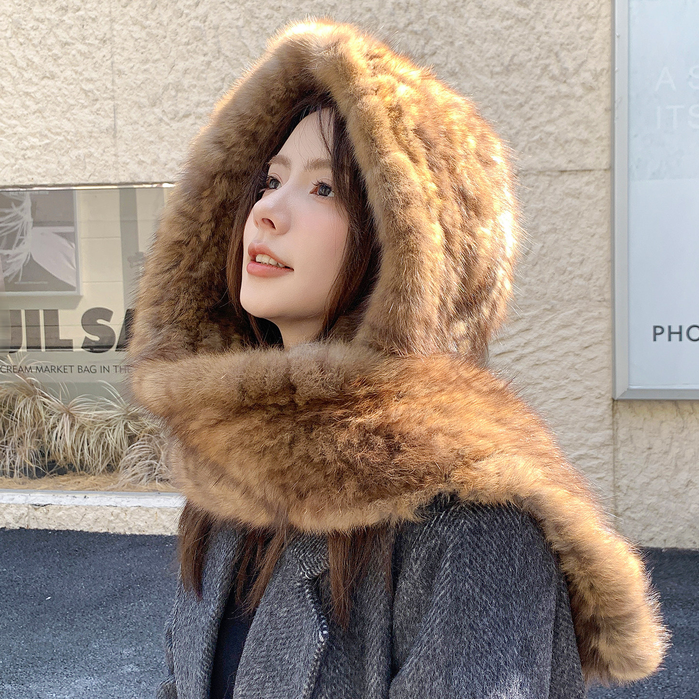 5A紫貂帽子女冬季皮草貂毛围巾一体帽子保暖毛毛帽子皮草披肩斗篷