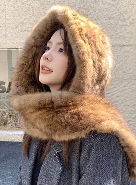 5A紫貂帽子女冬季皮草貂毛围巾一体帽子保暖毛毛帽子皮草披肩斗篷