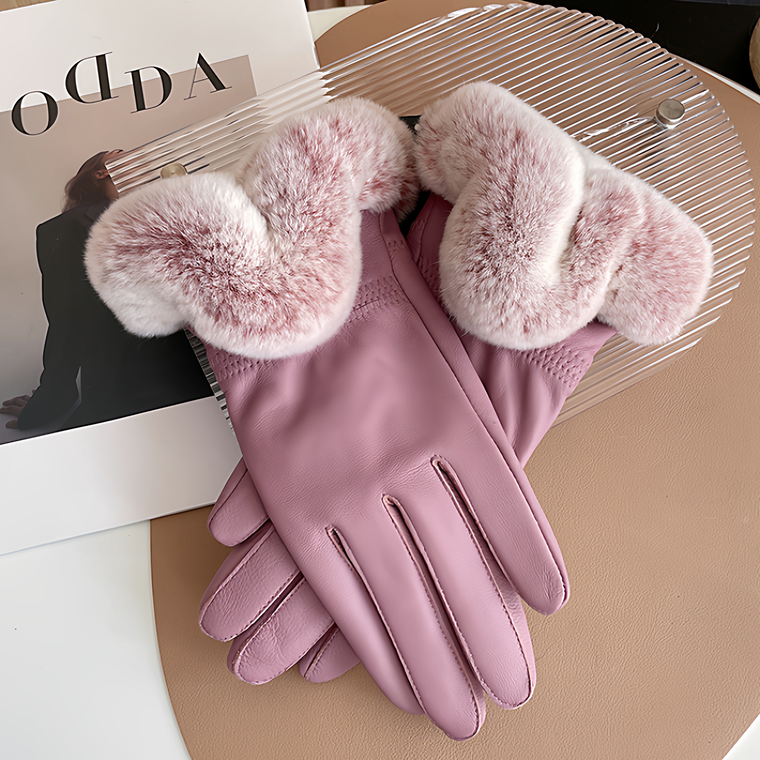 真皮手套女冬季加绒加厚韩版保暖柔美獭兔毛口绵羊皮手套修手防风