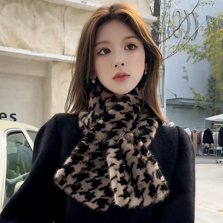 新款双面水貂毛围巾冬保暖皮毛一体皮草围巾裘皮围脖千鸟格真毛领