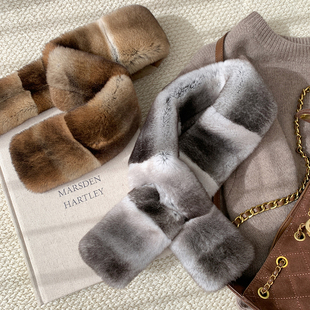 叠搭堪比龙猫法产天然色獭兔毛皮草交叉式双面围脖围巾细腻保暖