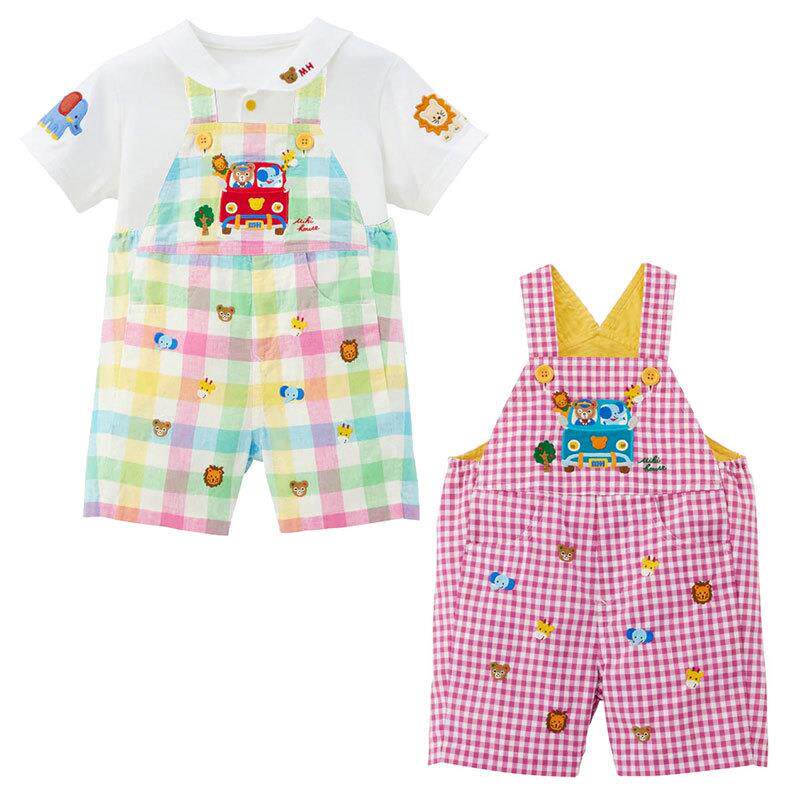 日本潮牌童装夏季新款短裤男女童小熊好朋友满刺绣彩色格子背带裤