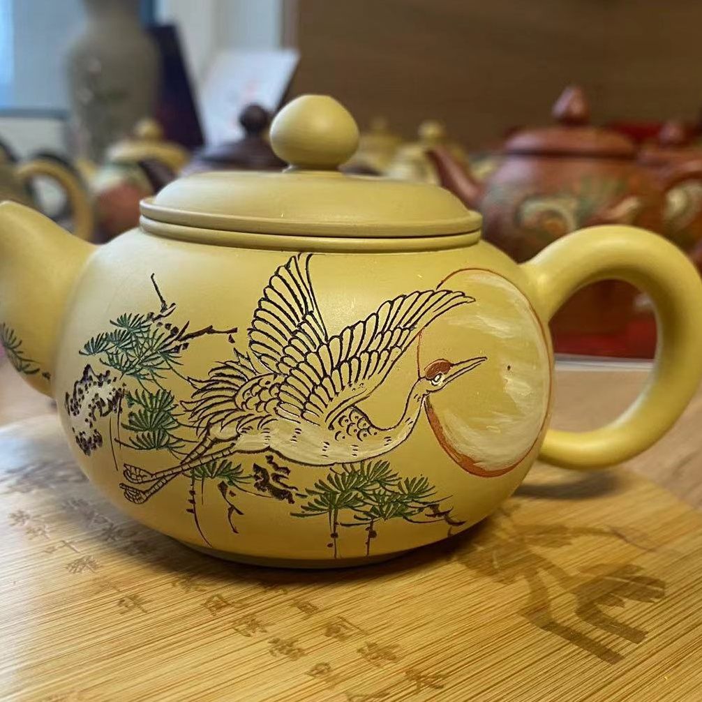 稀有作品 紫砂壶陈东铸 全手工原矿老段泥功夫茶 茶壶 鹤寿延年