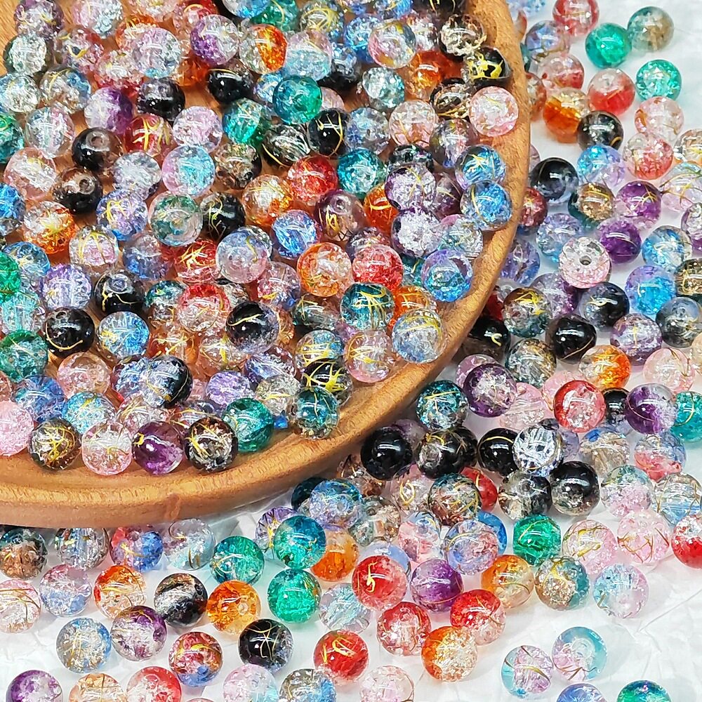 8mm双色拉丝爆花珠金丝冰裂琉璃珠玻璃珠手链项链diy饰品配件