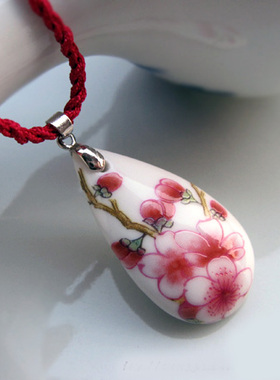 粉彩桃花运民族风陶瓷吊坠项链