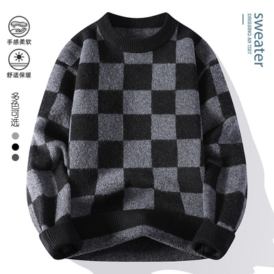 男士秋冬季毛衣轻奢方格圆领舒适