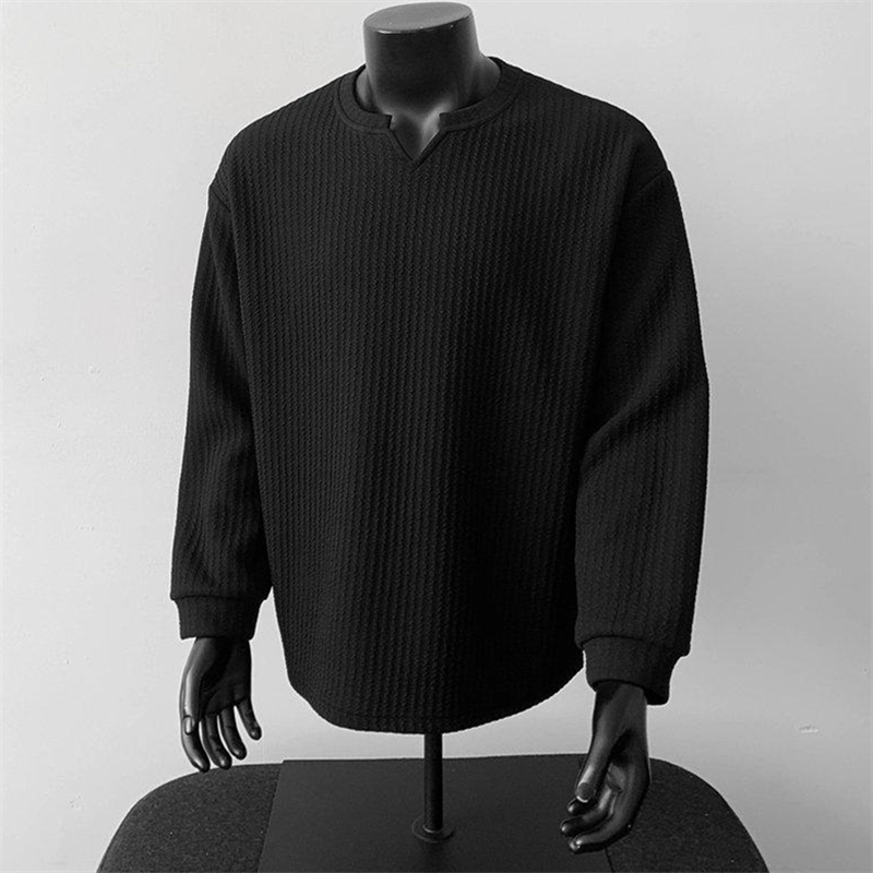 肌理感V领长袖T恤男秋季休闲百搭