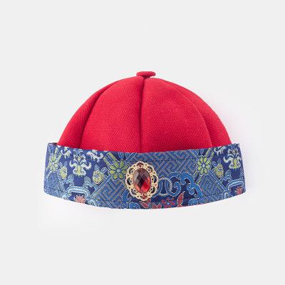 婴儿满月百天周岁帽外出百日拍照唐装帽子红色喜庆男宝地主帽5755