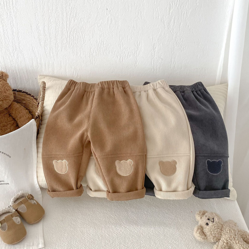 儿童灯芯绒裤子冬季a类韩版男童贴布加绒裤宝宝小熊休闲裤潮