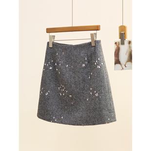 isprin灰色亮片半身裙女2025秋冬高腰显瘦a字短款小香风毛呢短裙