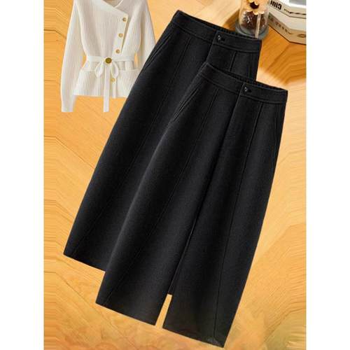 灰色毛呢阔腿弯刀裤女2025