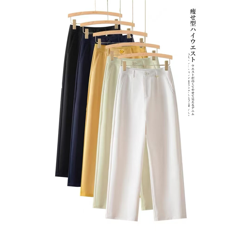 休闲西装阔腿裤女2025春夏新款高腰宽松垂感显瘦卡其绿九分直筒裤